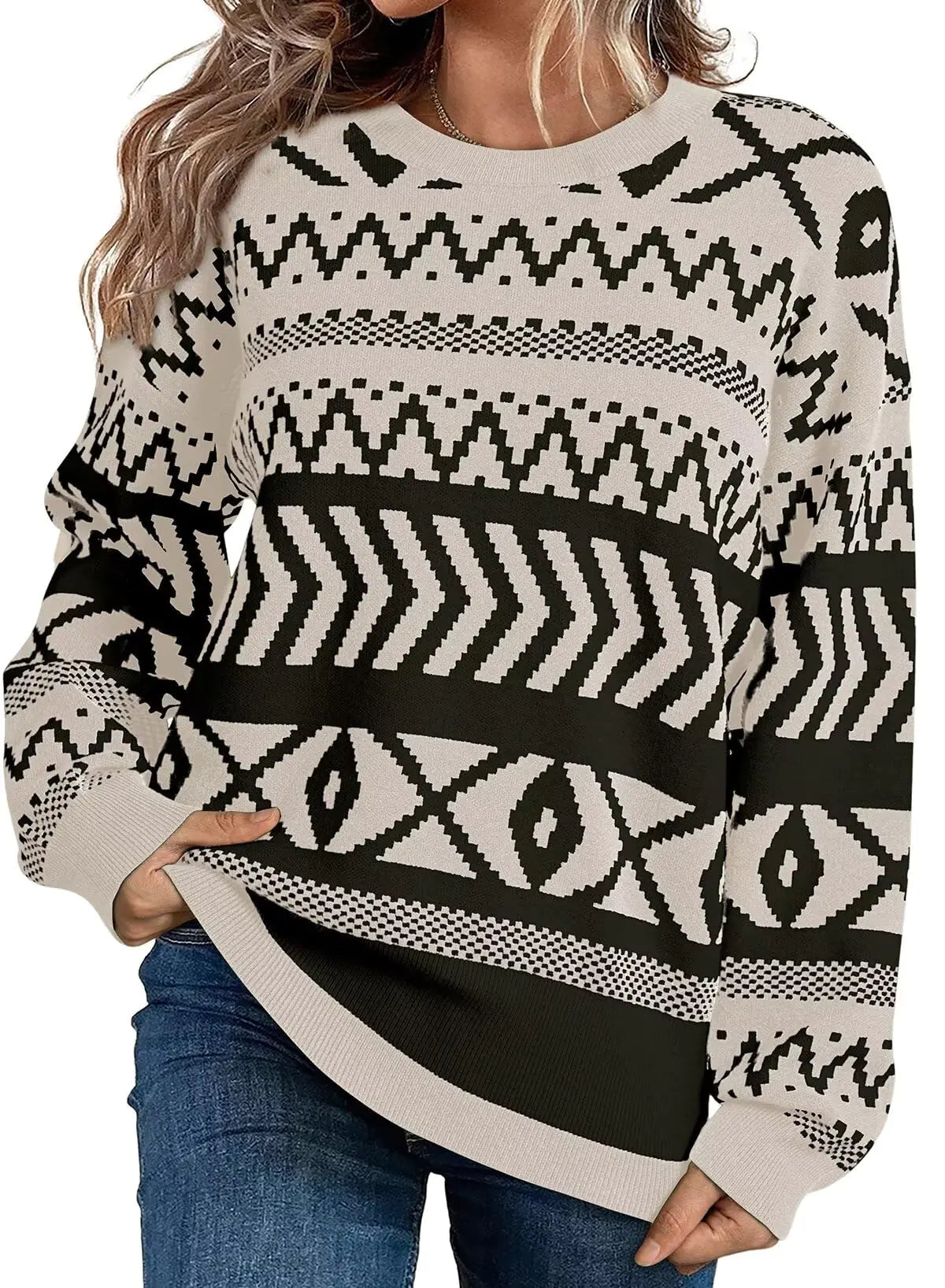 Dokotoo Fall Sweaters for Women 2024 Casual Long Sleeve Round Neck Lightweight Striped Sweater Abstract Sweater Pullover Jumper Christmas Sweaters for Women Apricot X-Large