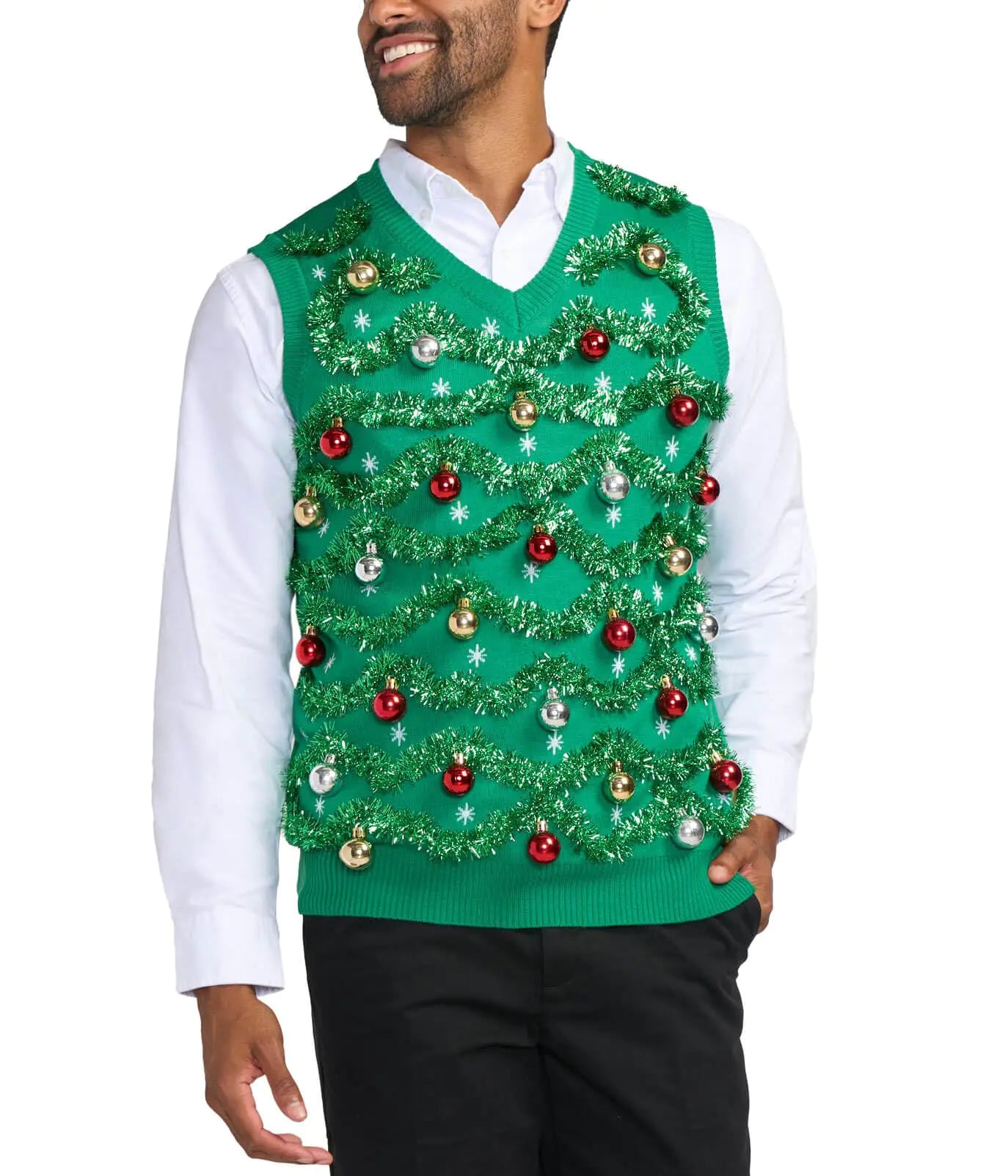 Tipsy Elves Mens Ugly Christmas Sweater Vests - Funny and Tacky Embellished Christmas Sweaters for Men - Mens Green Gaudy Garland Christmas Sweater Vest with Tinsel and Ornaments Size Small