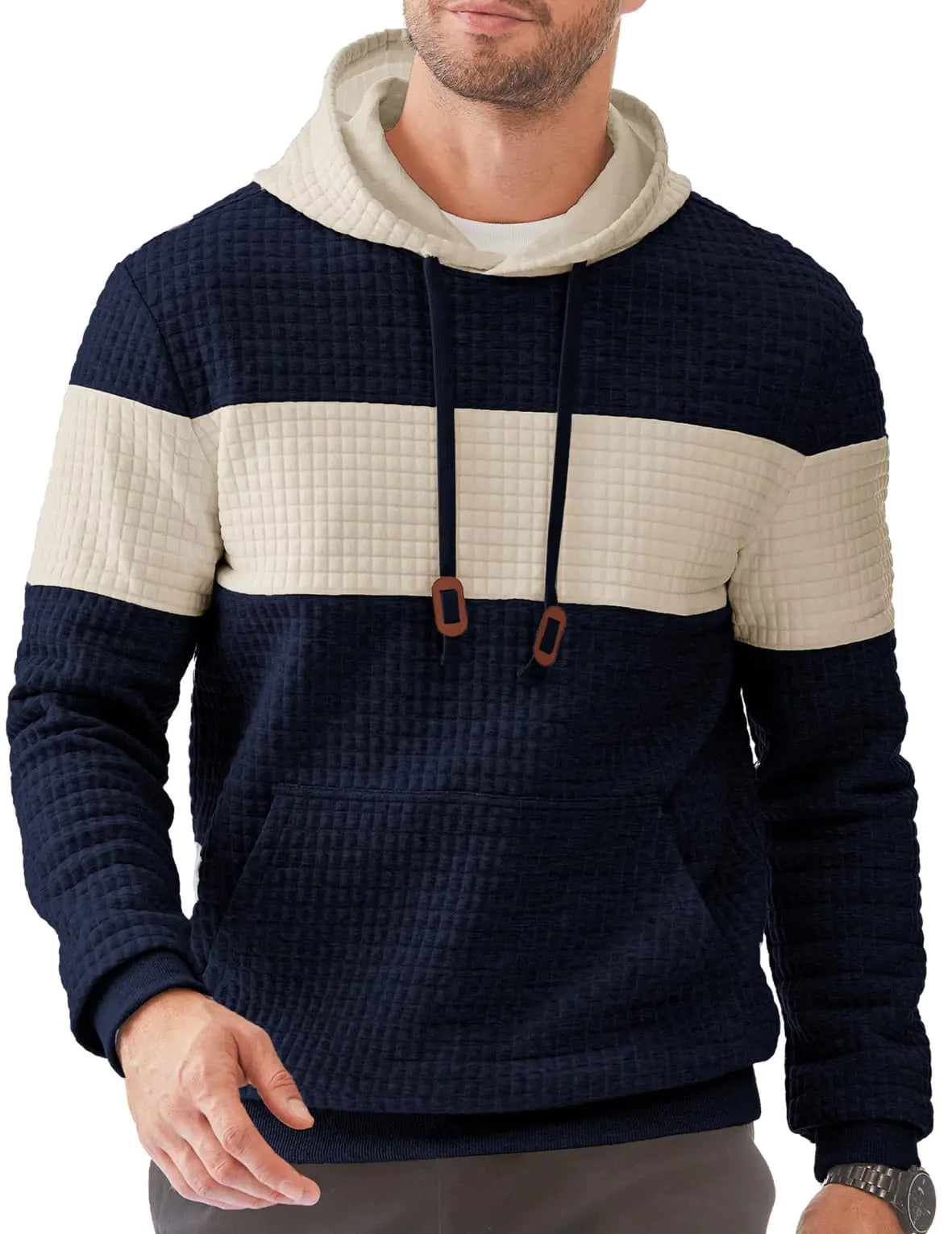 Dokotoo Men Mens Casual Hoodies Knitted Sweatshirt Drawstring Long Sleeve Color Block Loose Fit Pullovers with Pockets Gym Athletic Hooded Sweaters Navy Blue X-Large