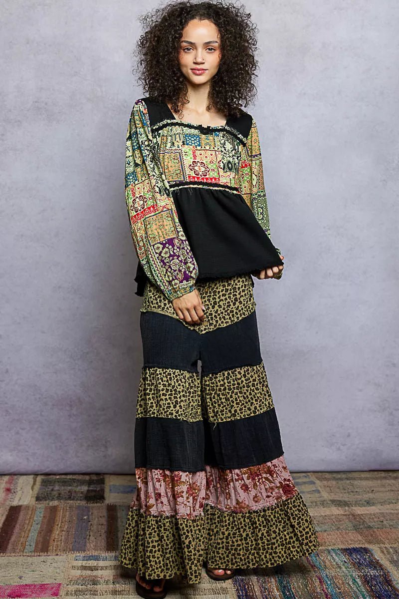 POL Balloon Sleeve Peplum Blouse with Trim Detail - Casual Fit Clothes