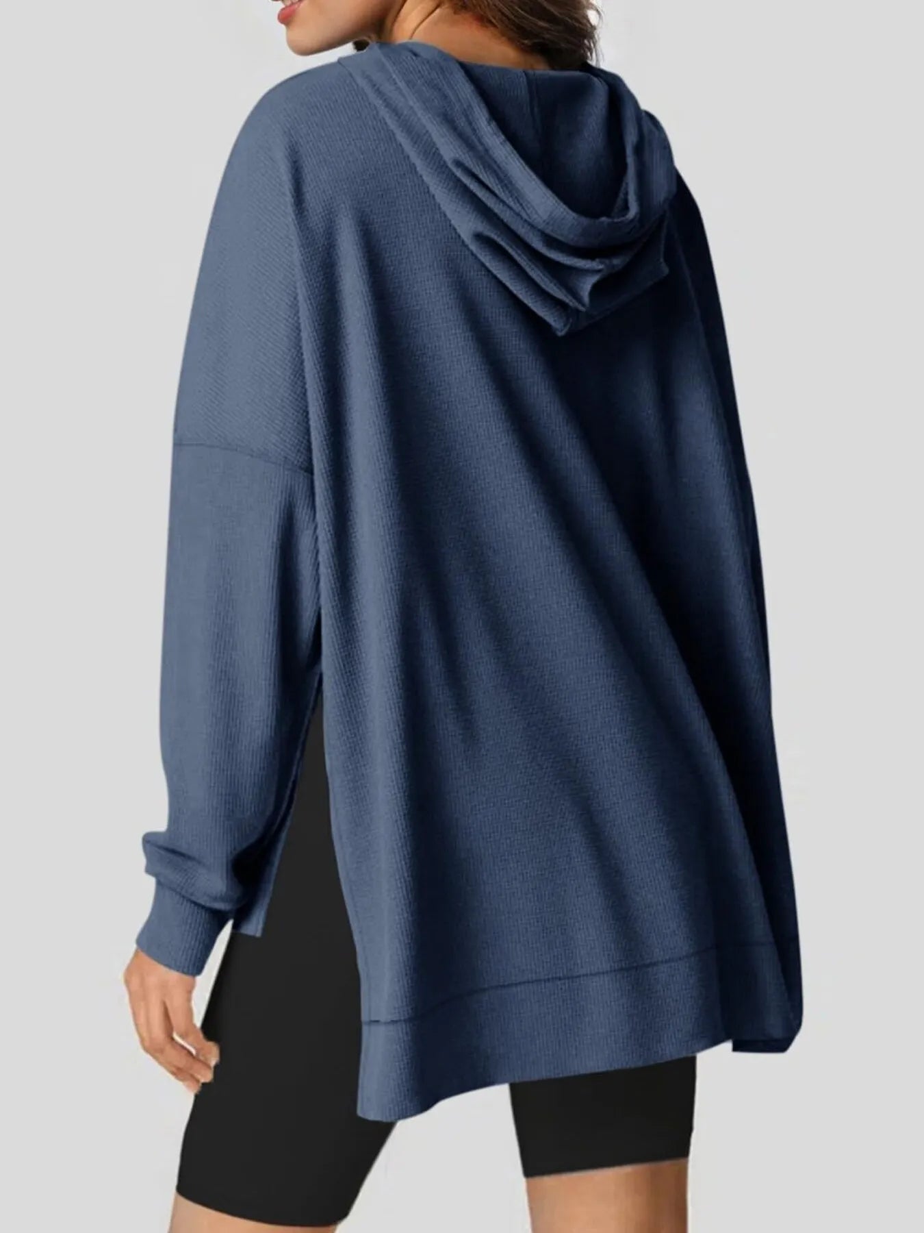 Slit Drawstring Waffle Knit Hoodie - Casual Fit Clothes