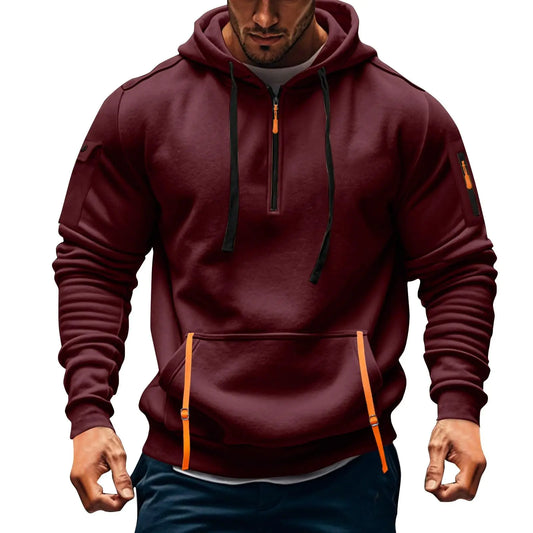 Mens Fashion Hoodies & Sweatshirts Tactical Oversized Hoodie Men Fleece Quarter Zip Pullover Thick Work Hoodie Zip Pockets Plus Size Hooded Sweatshirt Brunt Hoodies for Men Mens Hoodies Wine