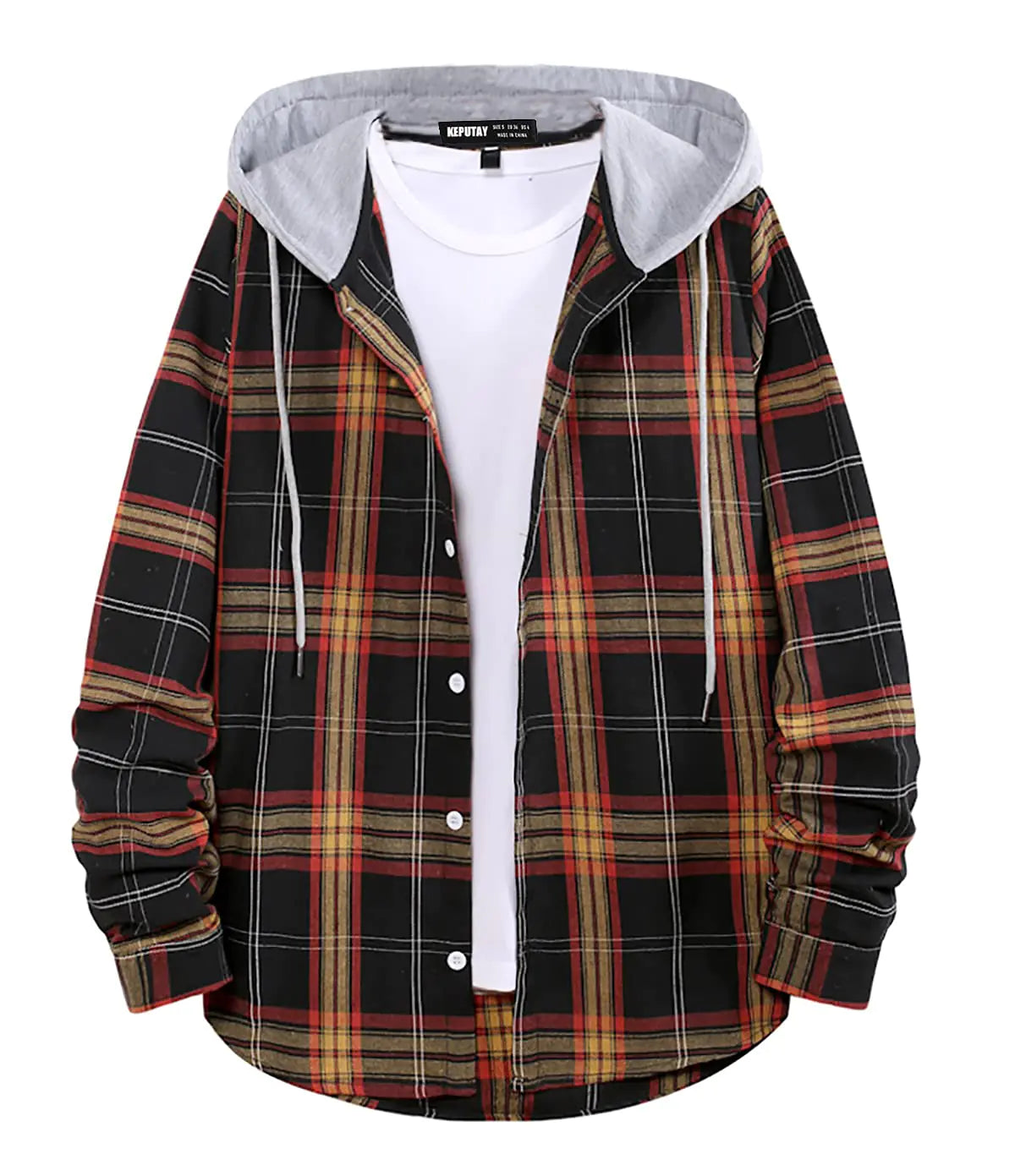KEPUTAY Mens Plaid Hooded Shirts Long Sleeve Causal Shirt Jackets (Medium Black2)
