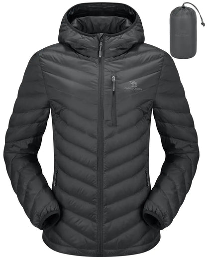 CAMEL CROWN Womens Down Jackets Lightweight Puffer Jackets Packable Quilted Winter Coat Hooded Outerwear With Chest Pocket Grey 2XL