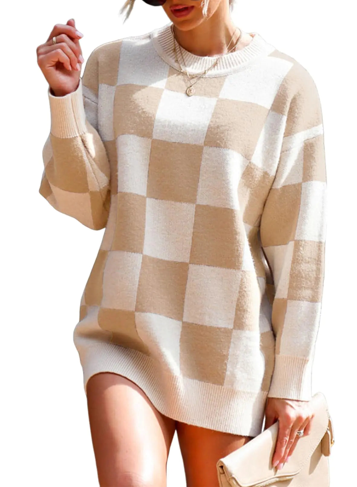 Dokotoo Checkered Pullover Sweaters for Women 2024 Fall Winter Fashion Plaid Crewneck Long Sleeve Sweater Dress Comfy Trendy Color Block Cable Knit Pullover Jumpers Tops for Ladies Khaki XX-Large