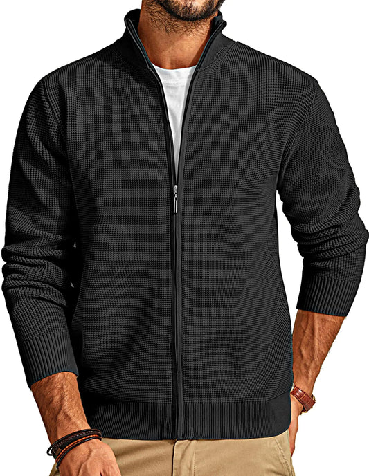 PJ PAUL JONES Mens Cardigan Sweater Casual Zip Up Sweater Stand Collar Texture Sweaters Black