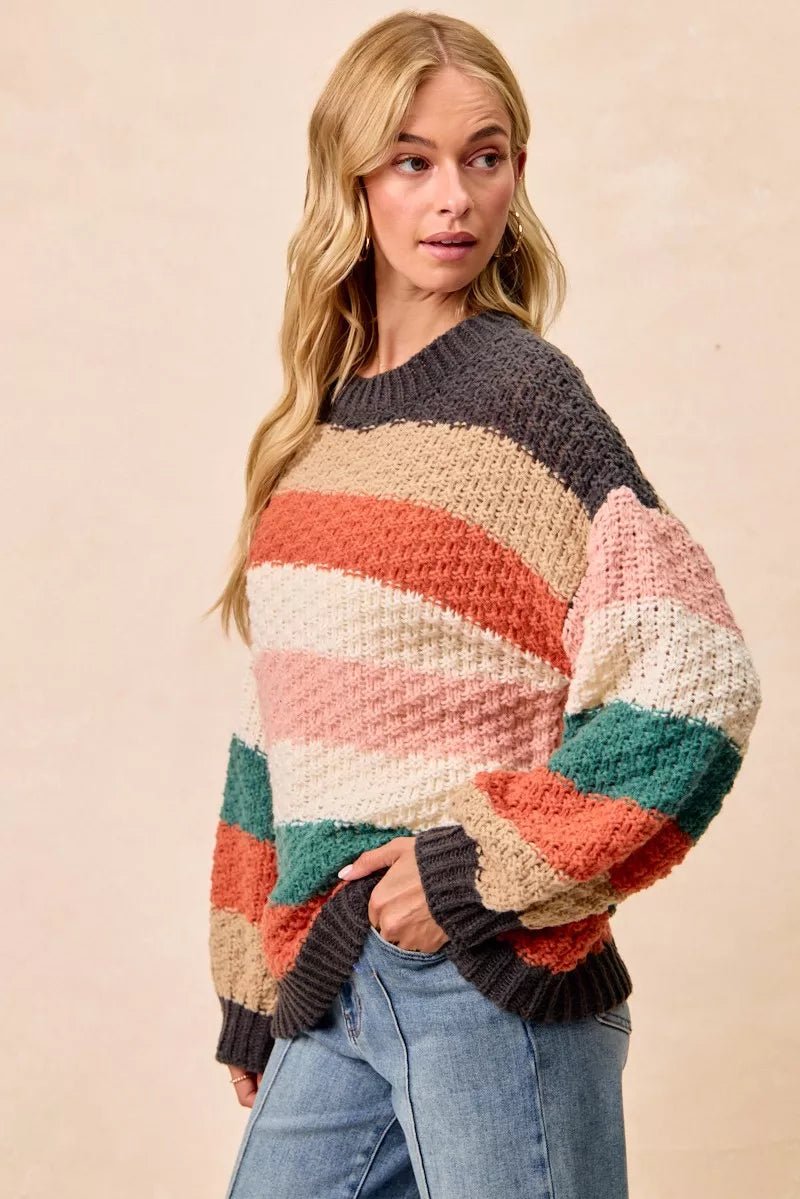 BiBi Stripes Color Block Chunky Sweater - Casual Fit Clothes