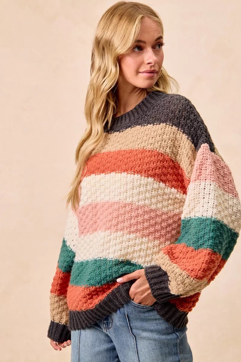 BiBi Stripes Color Block Chunky Sweater - Casual Fit Clothes