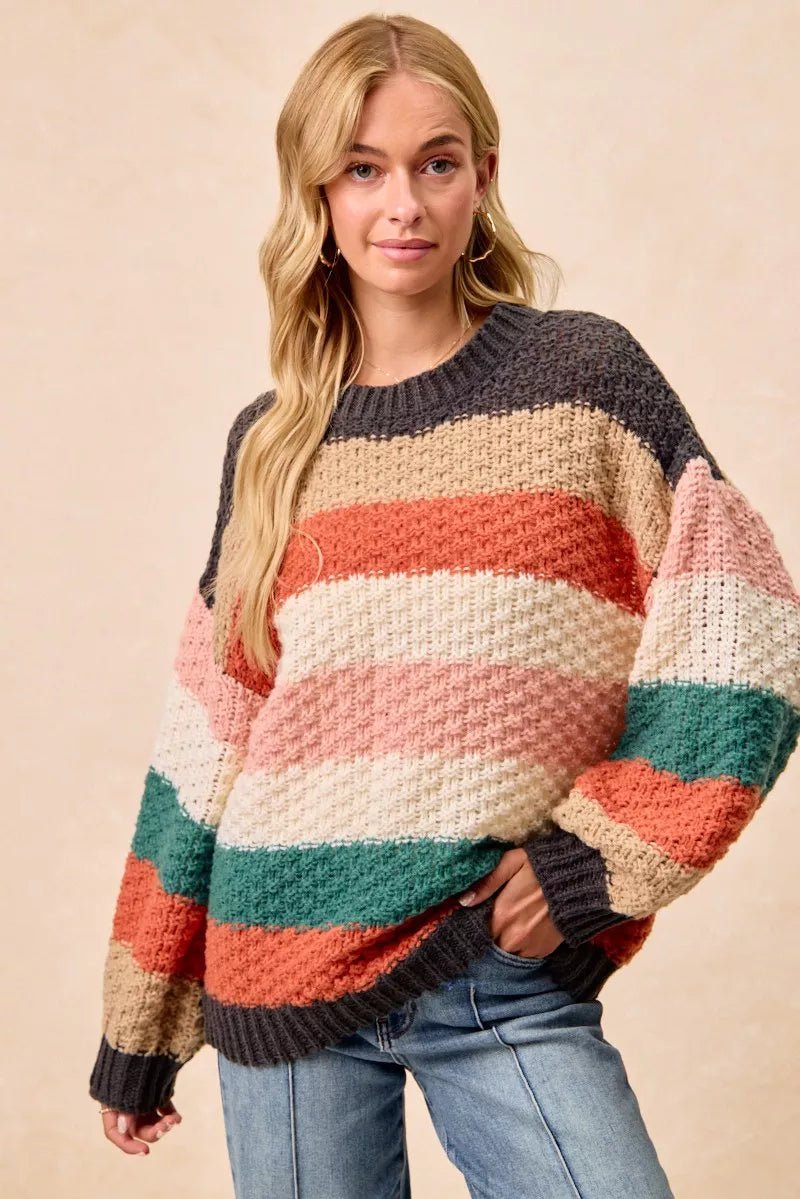 BiBi Stripes Color Block Chunky Sweater - Casual Fit Clothes