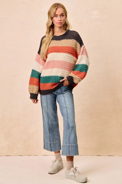 BiBi Stripes Color Block Chunky Sweater - Casual Fit Clothes