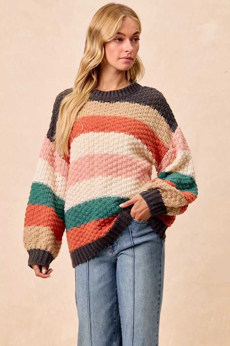 BiBi Stripes Color Block Chunky Sweater - Casual Fit Clothes