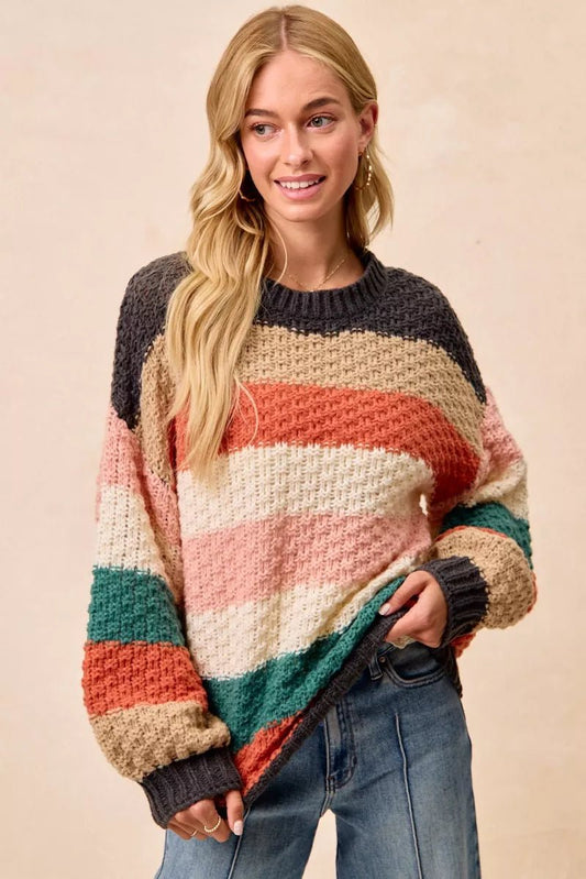 BiBi Stripes Color Block Chunky Sweater - Casual Fit Clothes