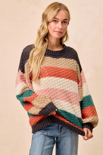 BiBi Stripes Color Block Chunky Sweater - Casual Fit Clothes