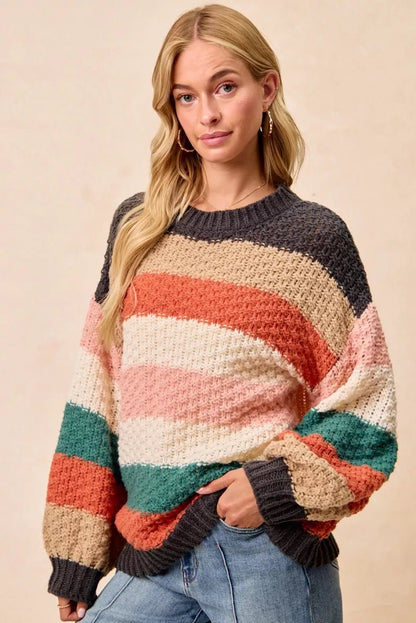 BiBi Stripes Color Block Chunky Sweater - Casual Fit Clothes
