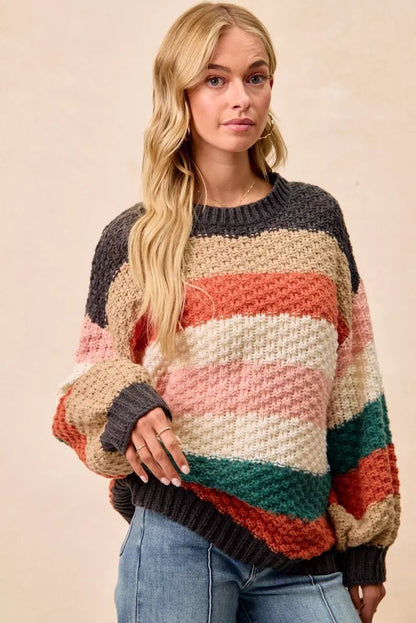 BiBi Stripes Color Block Chunky Sweater - Casual Fit Clothes