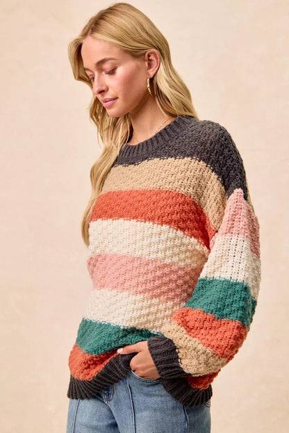 BiBi Stripes Color Block Chunky Sweater - Casual Fit Clothes