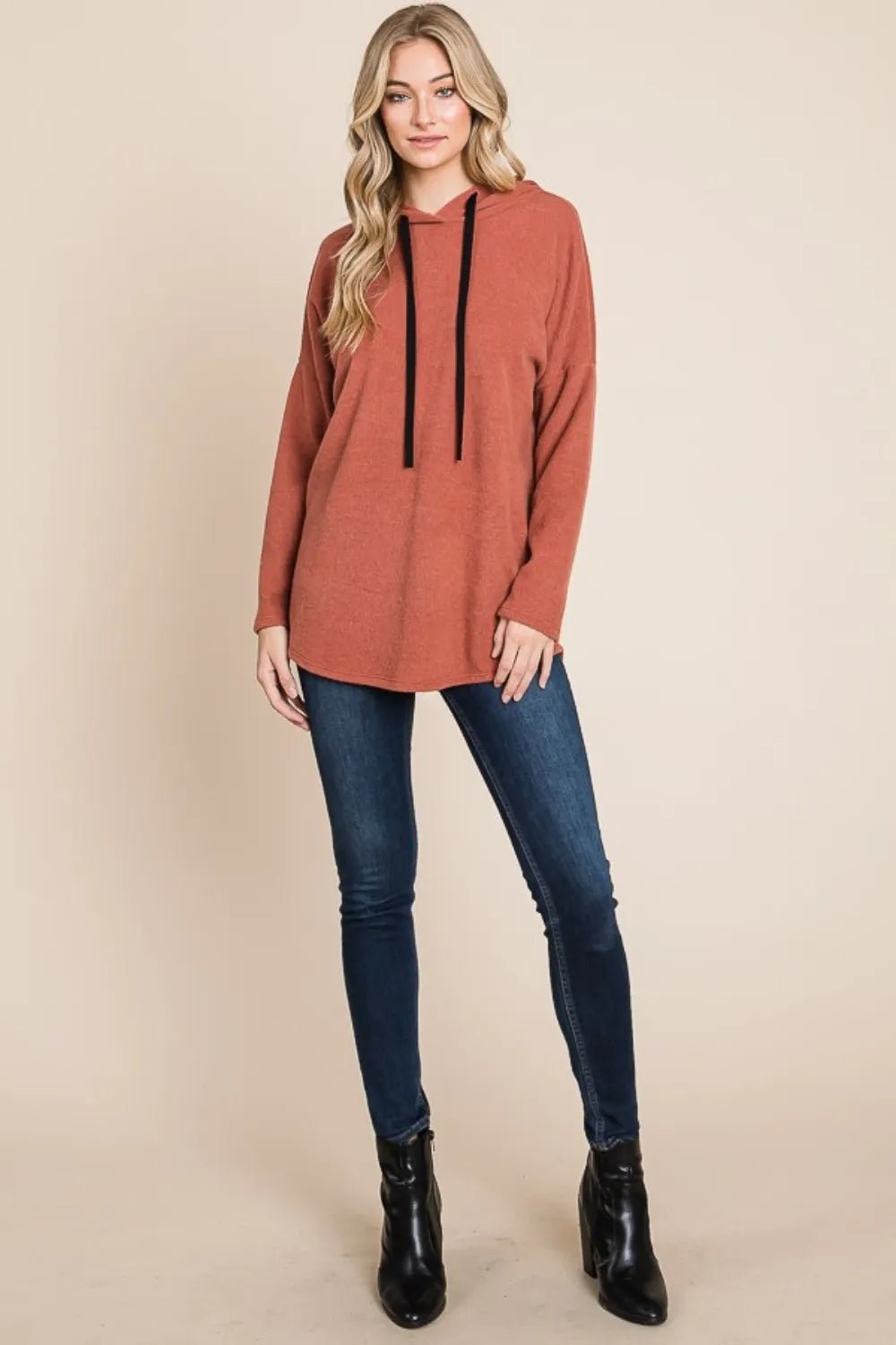 BOMBOM Contrast Drawstring Drop Shoulder Knit Hoodie - Casual Fit Clothes