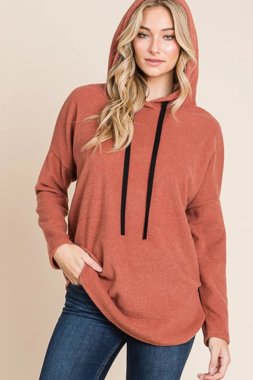 BOMBOM Contrast Drawstring Drop Shoulder Knit Hoodie - Casual Fit Clothes
