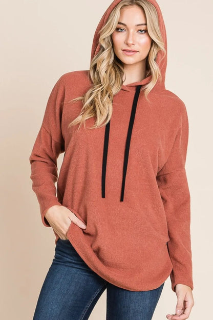 BOMBOM Contrast Drawstring Drop Shoulder Knit Hoodie - Casual Fit Clothes