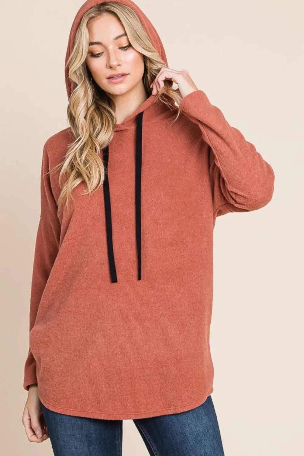 BOMBOM Contrast Drawstring Drop Shoulder Knit Hoodie - Casual Fit Clothes