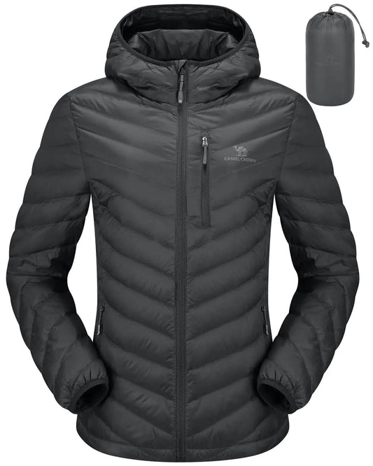 CAMEL CROWN Womens Down Jackets Lightweight Puffer Jackets Packable Quilted Winter Coat Hooded Outerwear With Chest Pocket Grey 2XL - Casual Fit Clothes