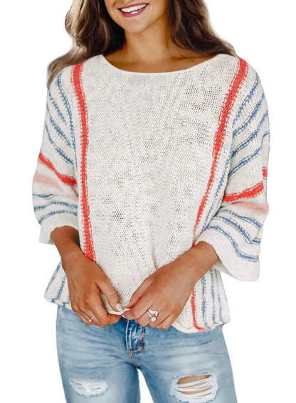 Dokotoo Womens Sweaters Casual Fall Winter 2024 Crewneck Color Block Striped 3/4 Sleeve Loose Lightweight Crochet Knit Trendy Pullover Sweaters for Women Tops Shirts White Large - Casual Fit Clothes