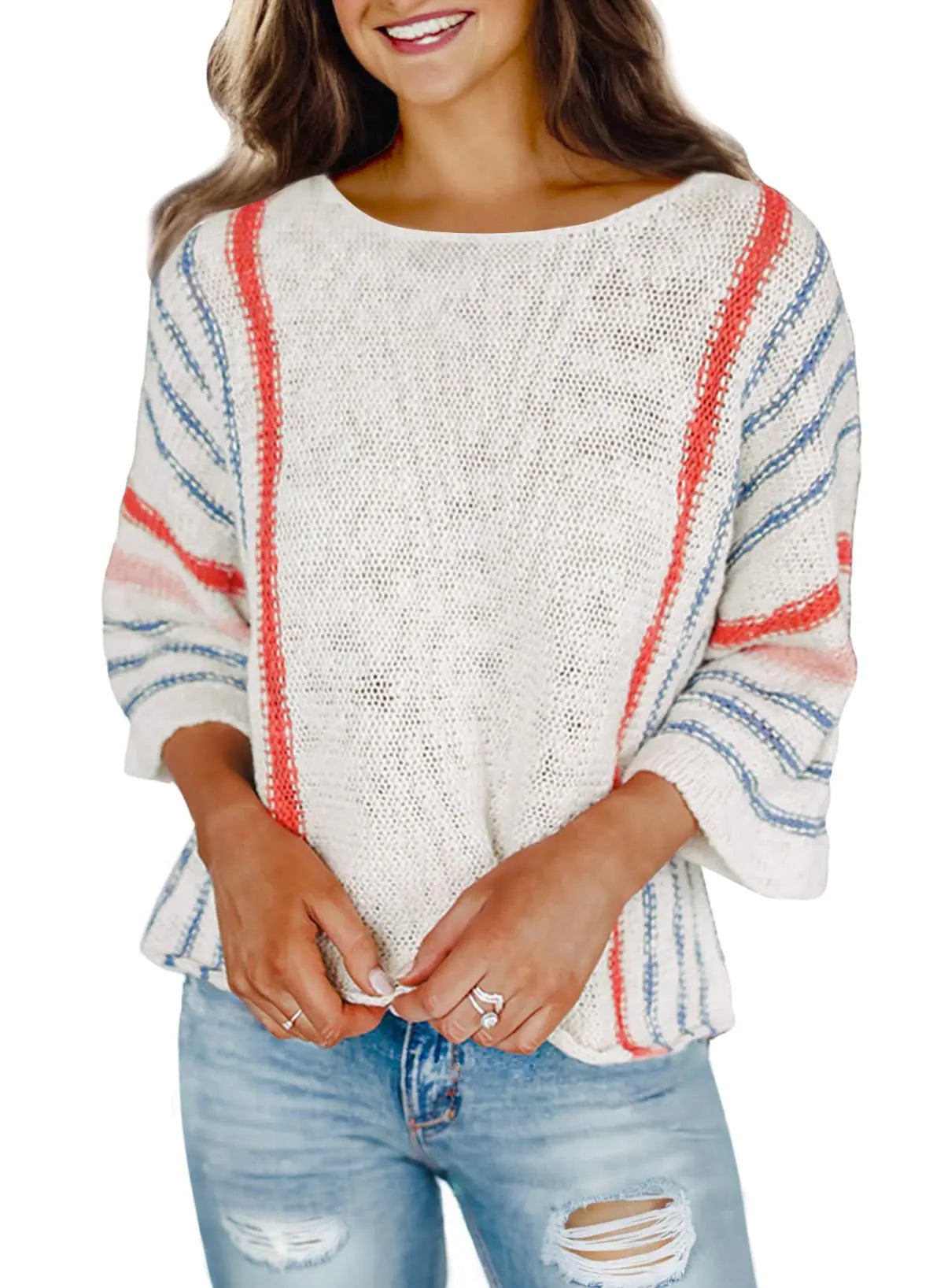 Dokotoo Womens Sweaters Casual Fall Winter 2024 Crewneck Color Block Striped 3/4 Sleeve Loose Lightweight Crochet Knit Trendy Pullover Sweaters for Women Tops Shirts White Large - Casual Fit Clothes