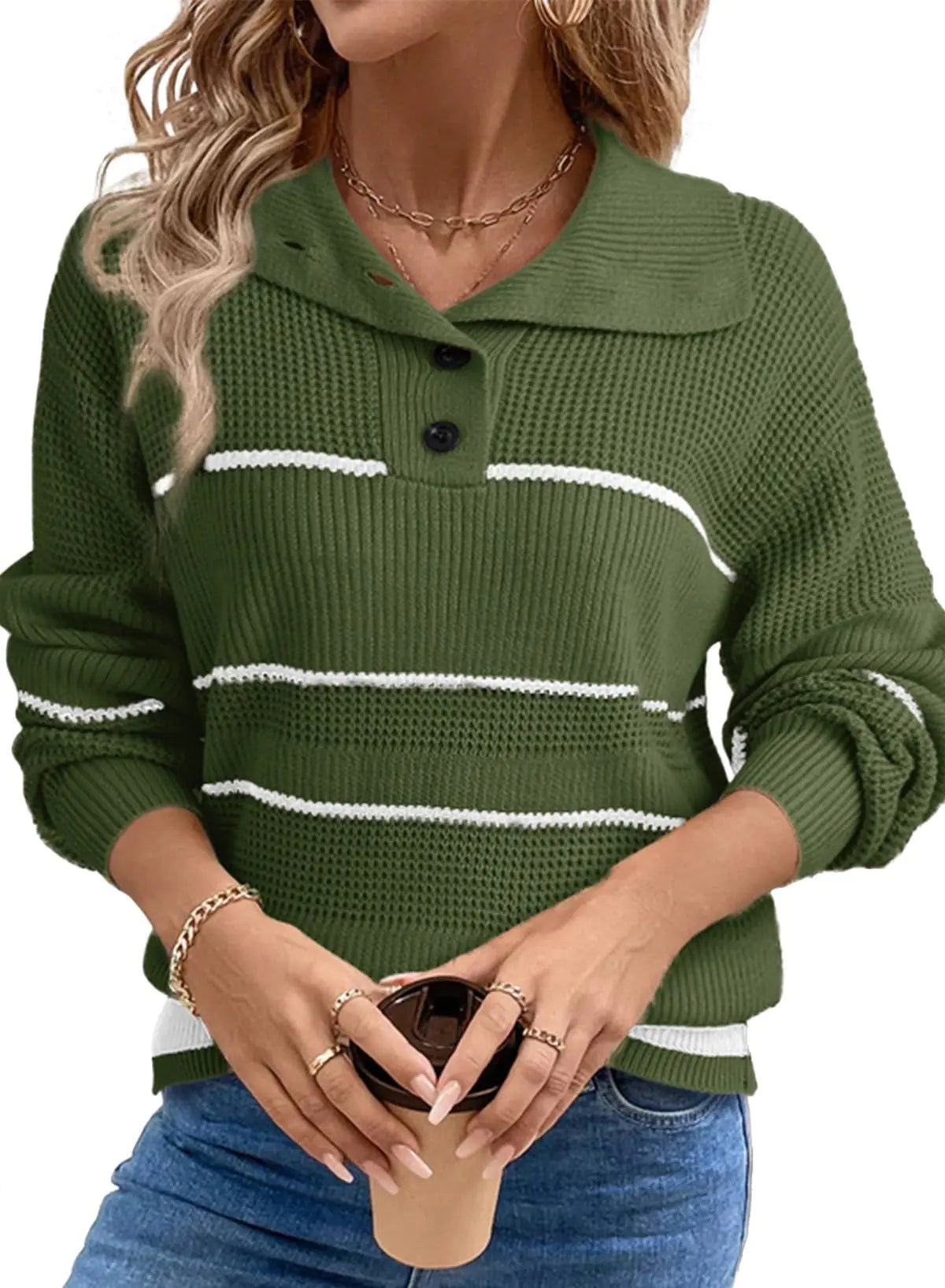 Dokotoo Womens Sweaters Long Sleeve Fall Sweaters for Women Fashion 2024 Autumn Knit Color Block Pullover Sweater Clothes Loose Fit Striped Chunky Tops Green Medium - Casual Fit Clothes