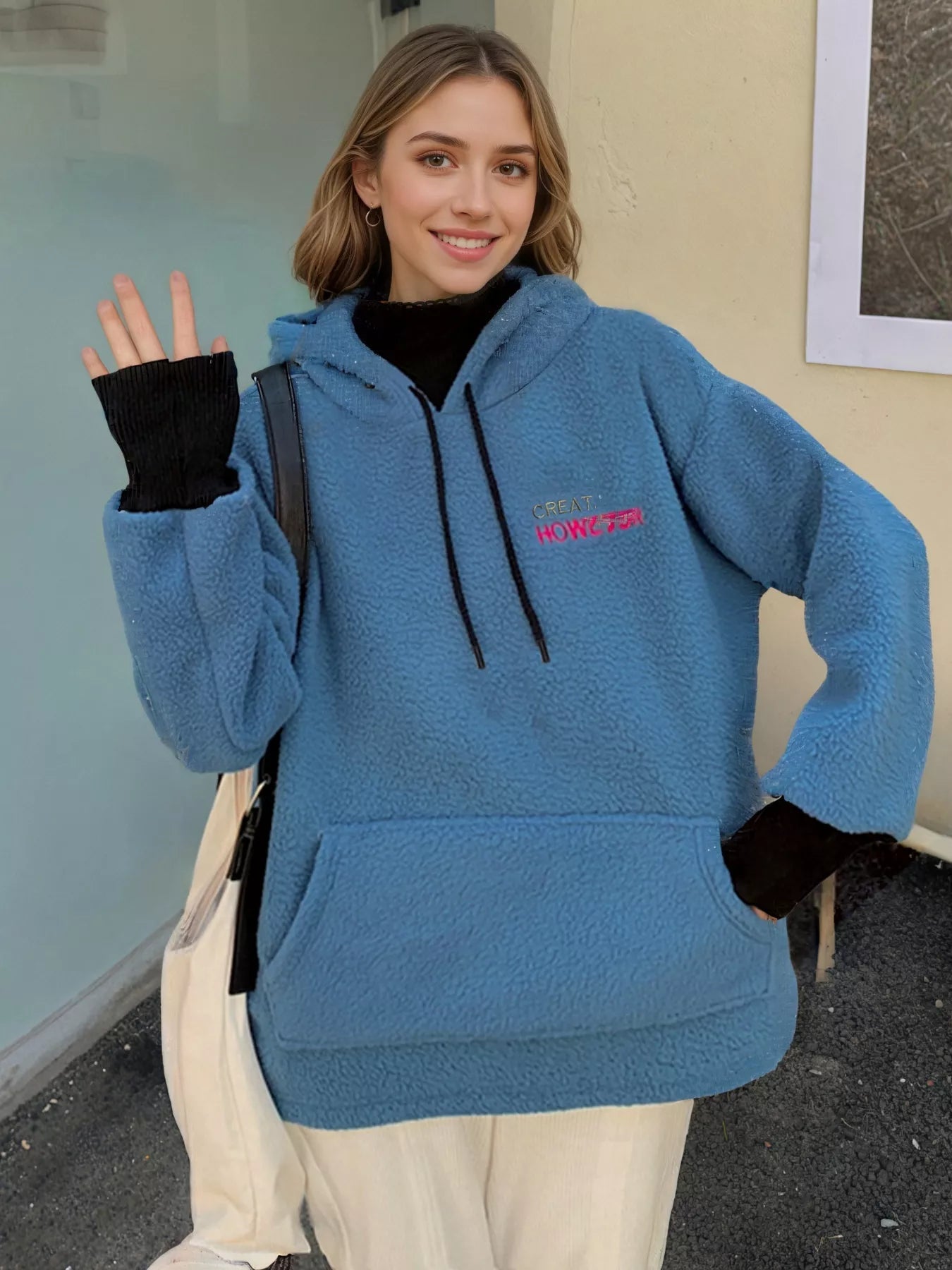 Drawstring Sherpa Kangaroo Pocket Hoodie - Casual Fit Clothes