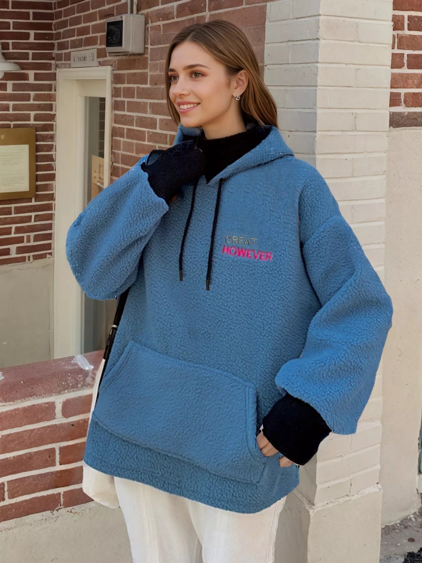 Drawstring Sherpa Kangaroo Pocket Hoodie - Casual Fit Clothes