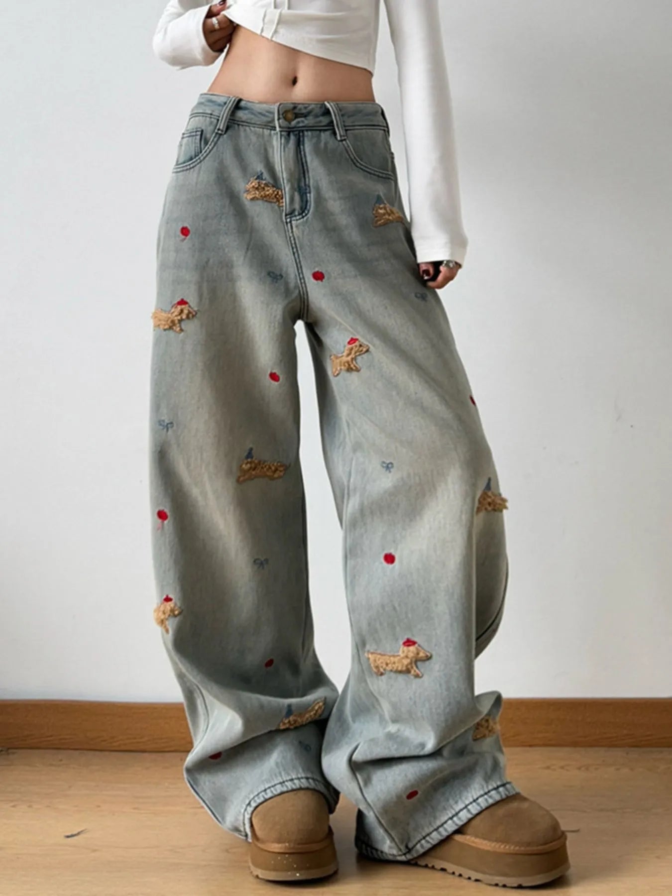Embroidered Wide Leg Jeans - Casual Fit Clothes