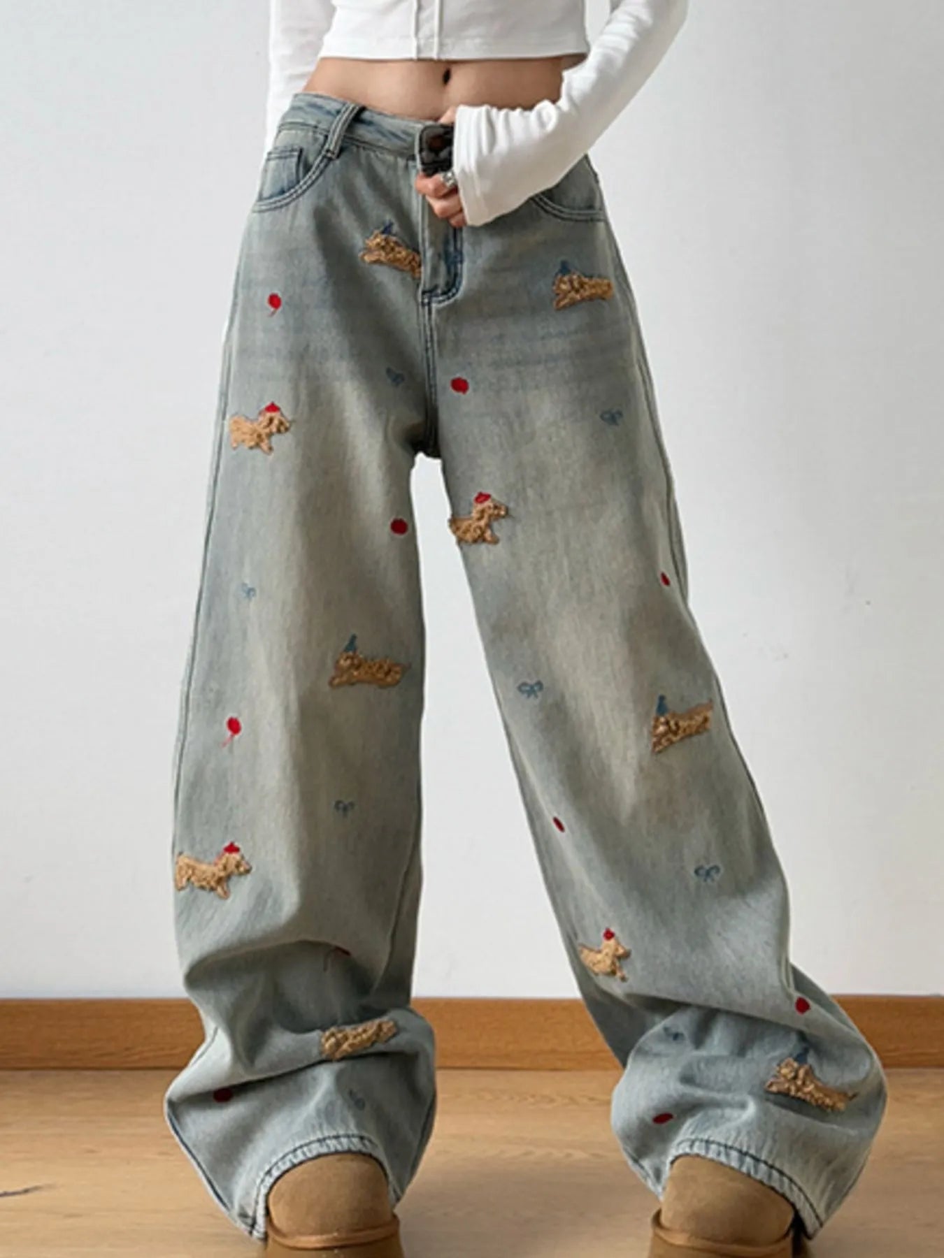Embroidered Wide Leg Jeans - Casual Fit Clothes