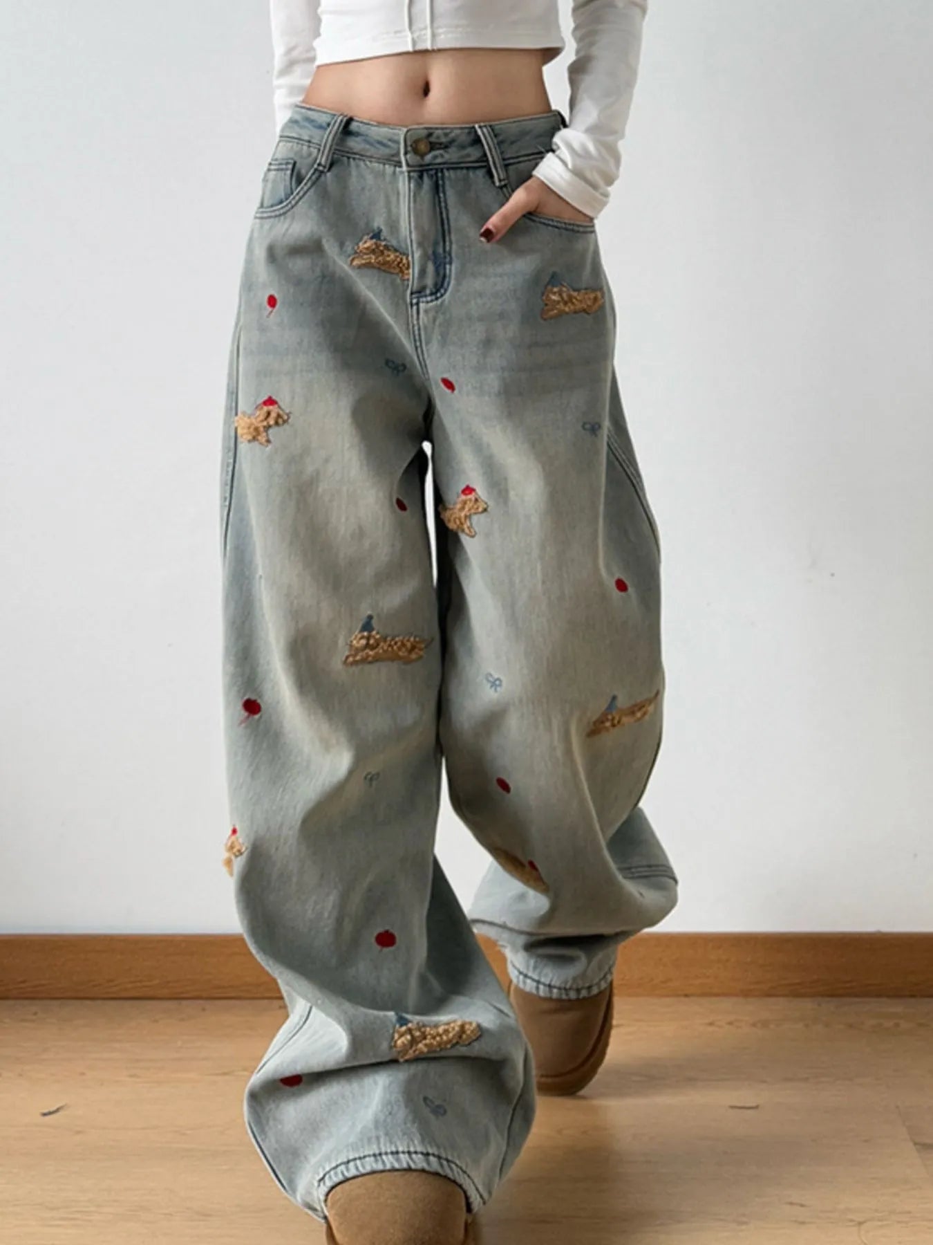 Embroidered Wide Leg Jeans - Casual Fit Clothes