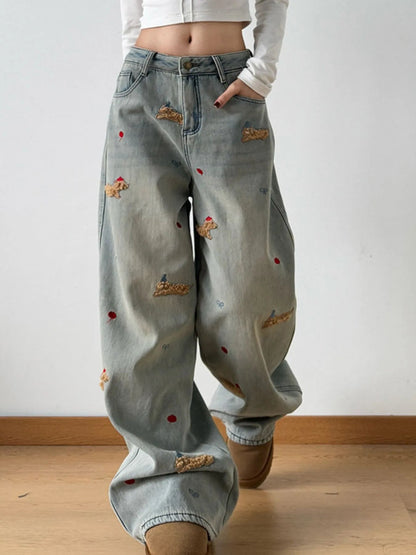 Embroidered Wide Leg Jeans - Casual Fit Clothes