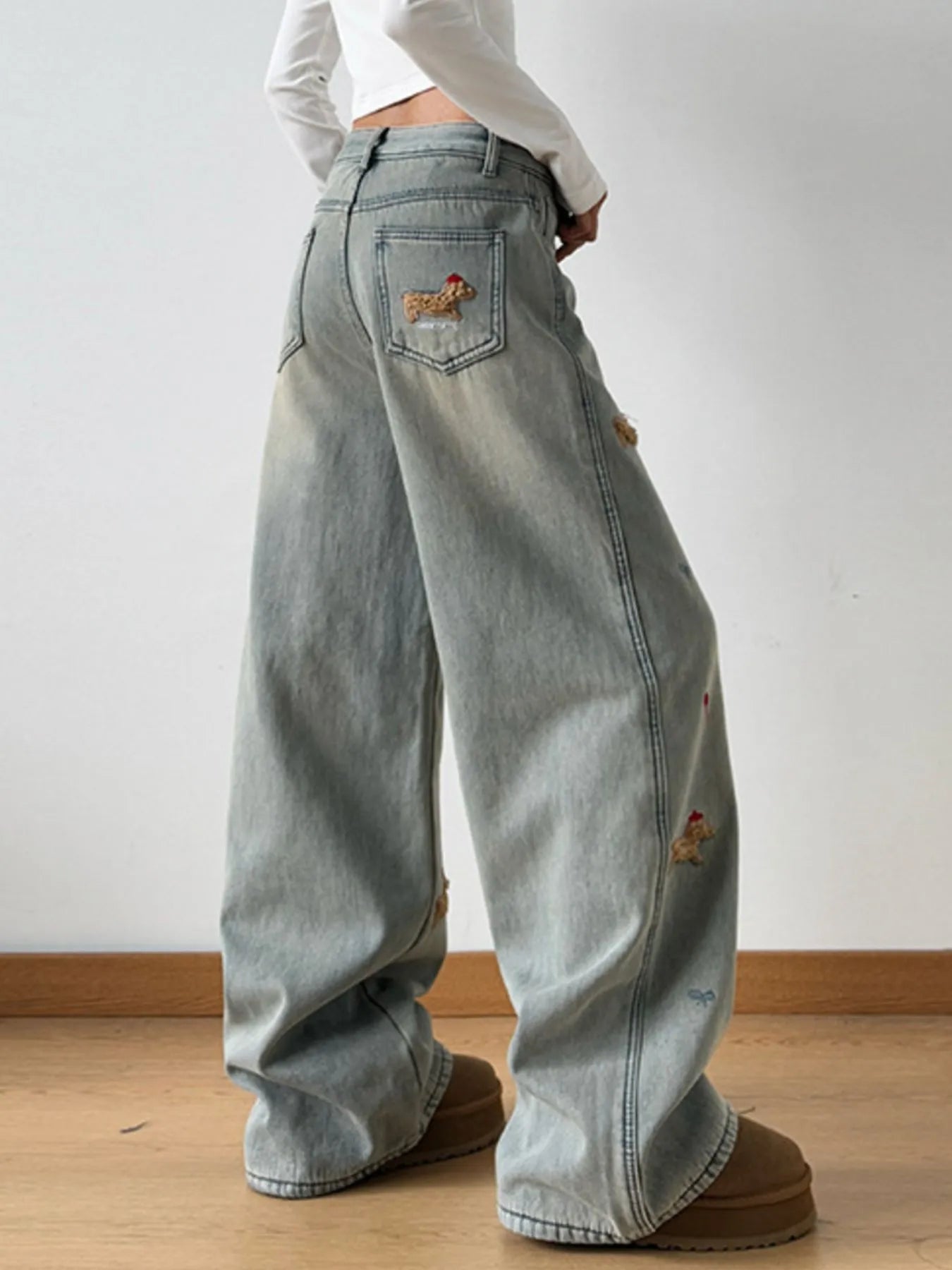 Embroidered Wide Leg Jeans - Casual Fit Clothes