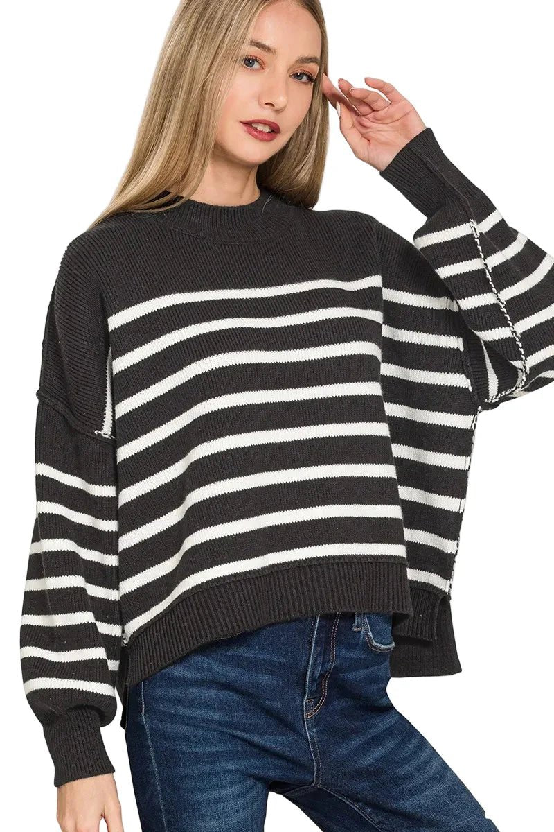 Exposed Seam Striped Oversized Sweater - Casual Fit Clothes