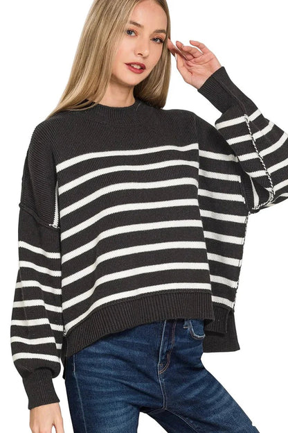 Exposed Seam Striped Oversized Sweater - Casual Fit Clothes