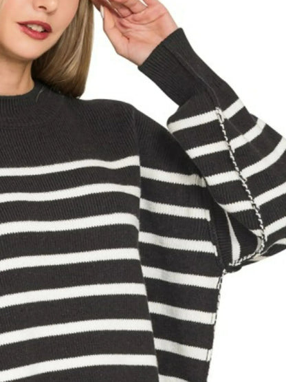 Exposed Seam Striped Oversized Sweater - Casual Fit Clothes