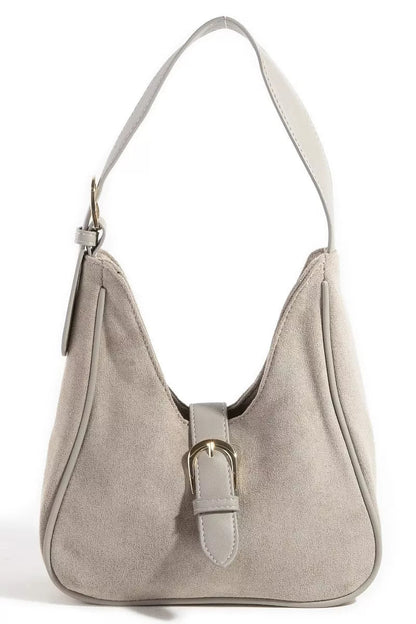 Fame Buckle Accent Faux Suede Hand Bag - Casual Fit Clothes