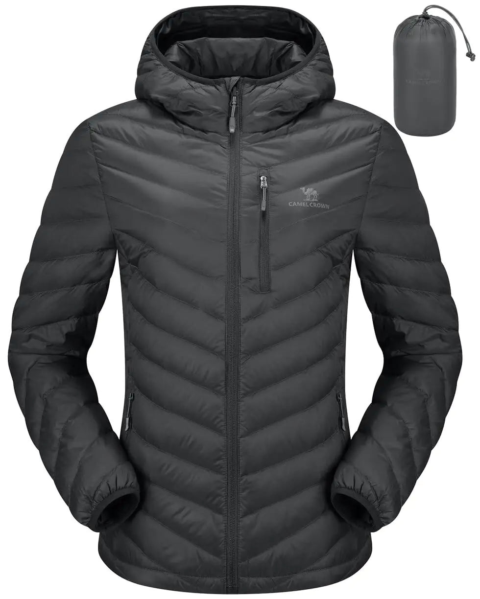 CAMEL CROWN Womens Down Jackets Lightweight Puffer Jackets Packable Quilted Winter Coat Hooded Outerwear With Chest Pocket Grey 2XL