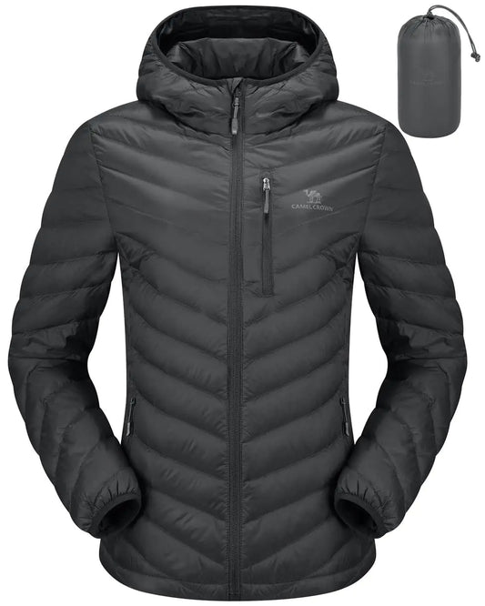 CAMEL CROWN Womens Down Jackets Lightweight Puffer Jackets Packable Quilted Winter Coat Hooded Outerwear With Chest Pocket Grey 2XL