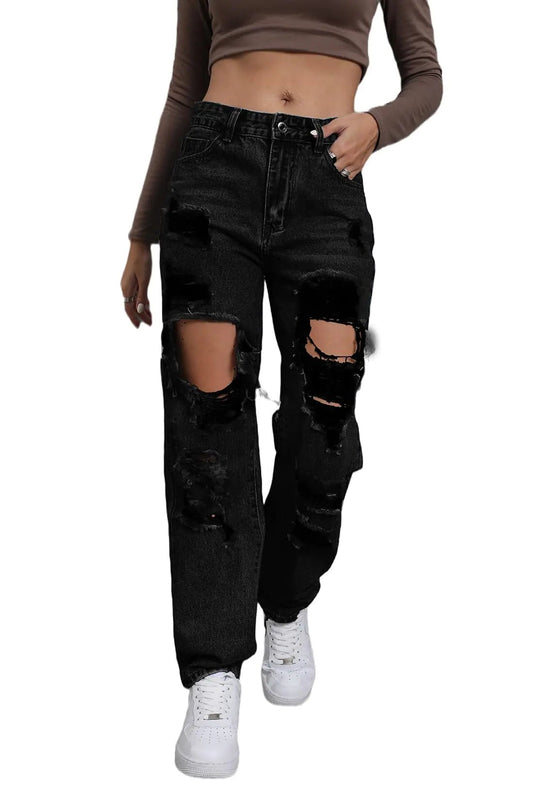 Giallino Ripped Jeans Womens Distressed high Waisted Jeans for Women Trendy Wide Straight Leg Y2k Pants Women’s Jeans Black - Casual Fit Clothes
