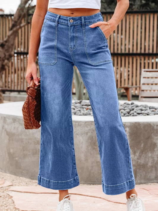 High - Waisted Wide Leg Flare Jeans - Casual Fit Clothes