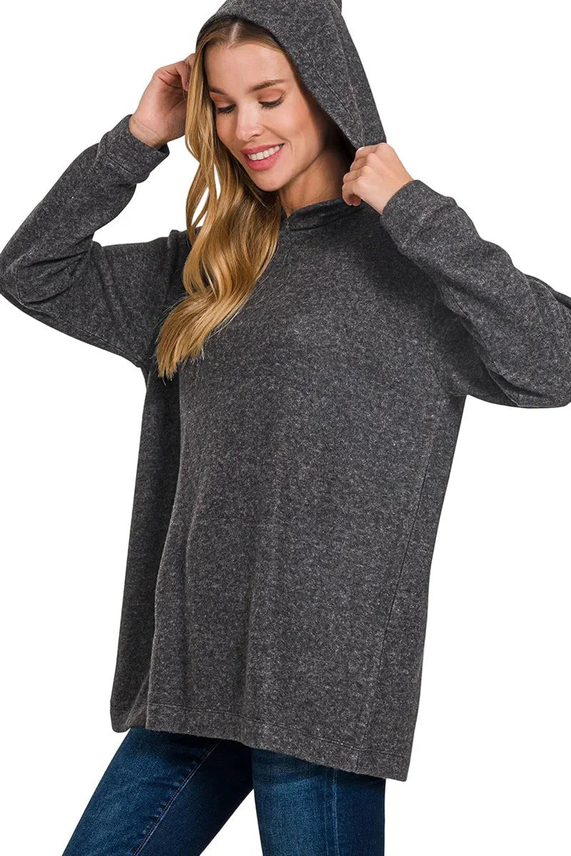 Hooded Brushed Mélange Hacci Sweater - Casual Fit Clothes