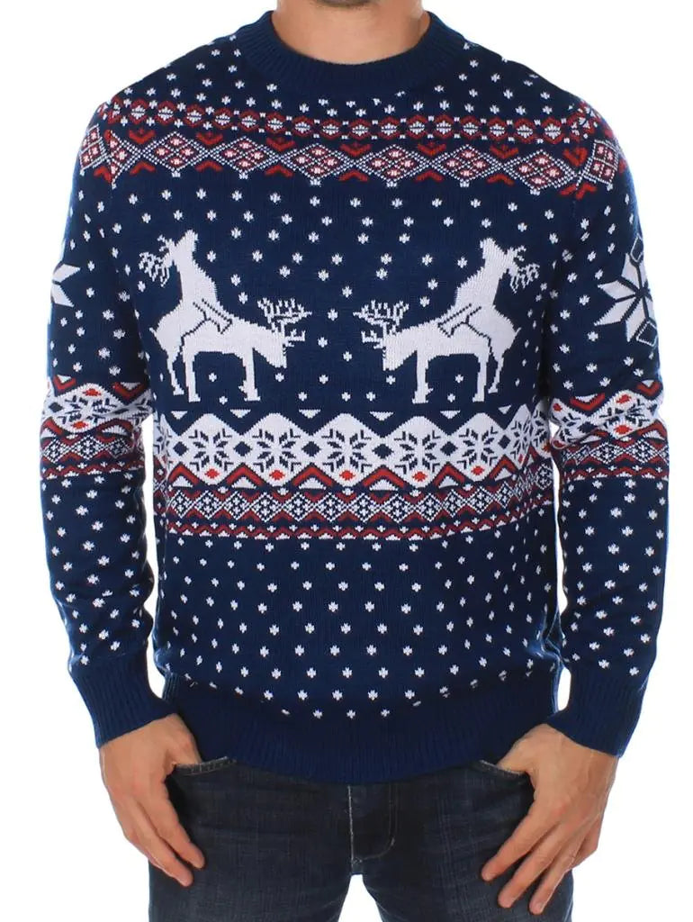 Tipsy Elves Ugly Christmas Sweaters for Men - Colorful and Funny Mens Christmas Sweaters - Festive Holiday Pullovers - Mens Hilarious Blue Reindeer Climax Christmas Ugly Sweater Size 4X-Large