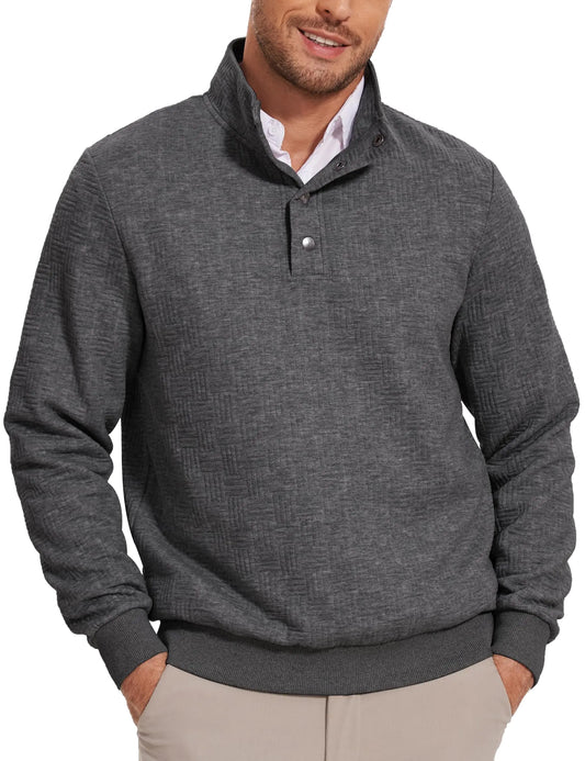USEVER Mens Sweatshirt Quilted Sweater Stand Collar Button Pullover Long Sleeve Block Casual Polo Sweatshirts Dark Gray XL