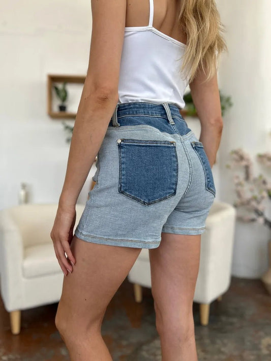 Judy Blue Full Size Color Block Denim Shorts - Casual Fit Clothes