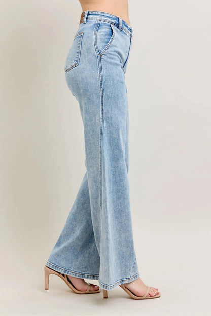 Judy Blue Full Size High Waist Wide Leg Jeans with Skewed Inseam Plus Size - Casual Fit Clothes