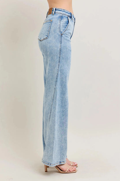 Judy Blue Full Size High Waist Wide Leg Jeans with Skewed Inseam Plus Size - Casual Fit Clothes