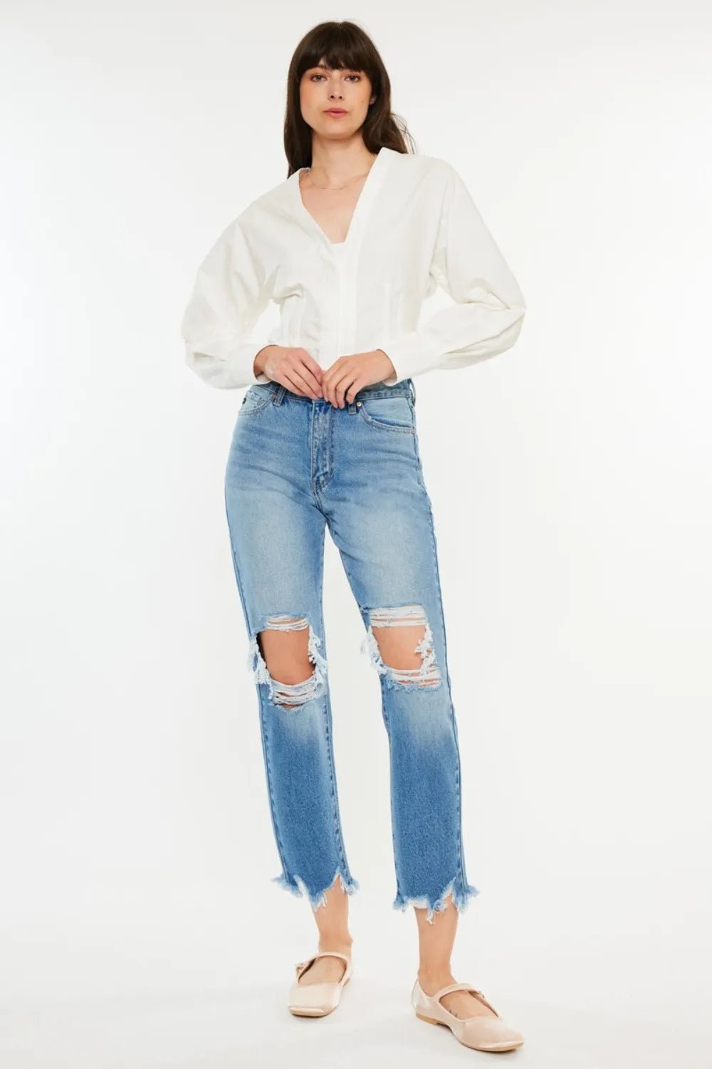 Kancan Distressed Frayed Hem Cropped Jeans - Casual Fit Clothes